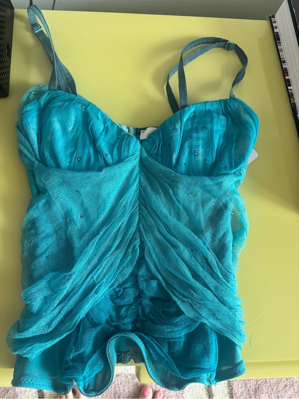 Vintage Pinko Teal Ruched Mesh corset Top